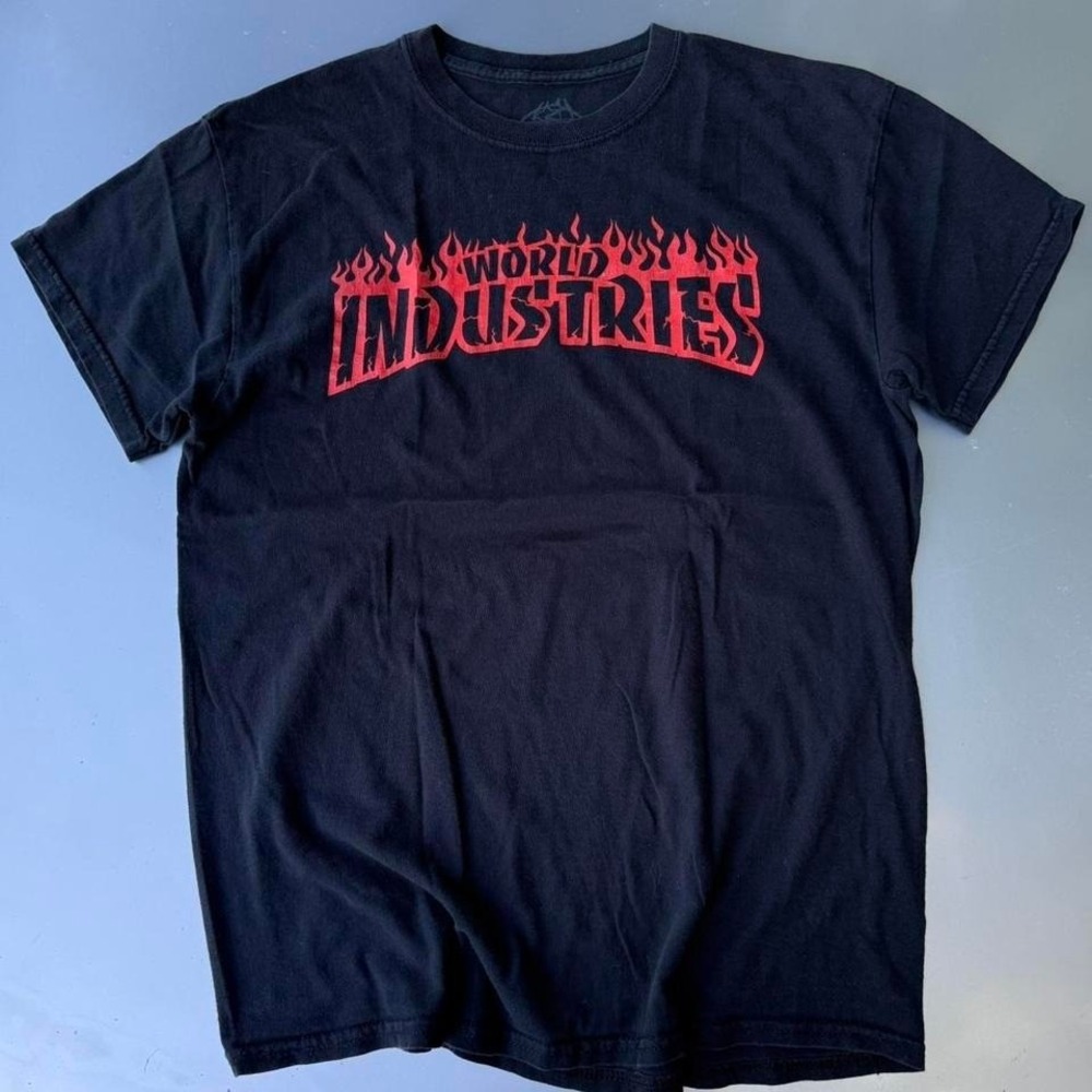 Black and red World Industries skateboarding t-shirt